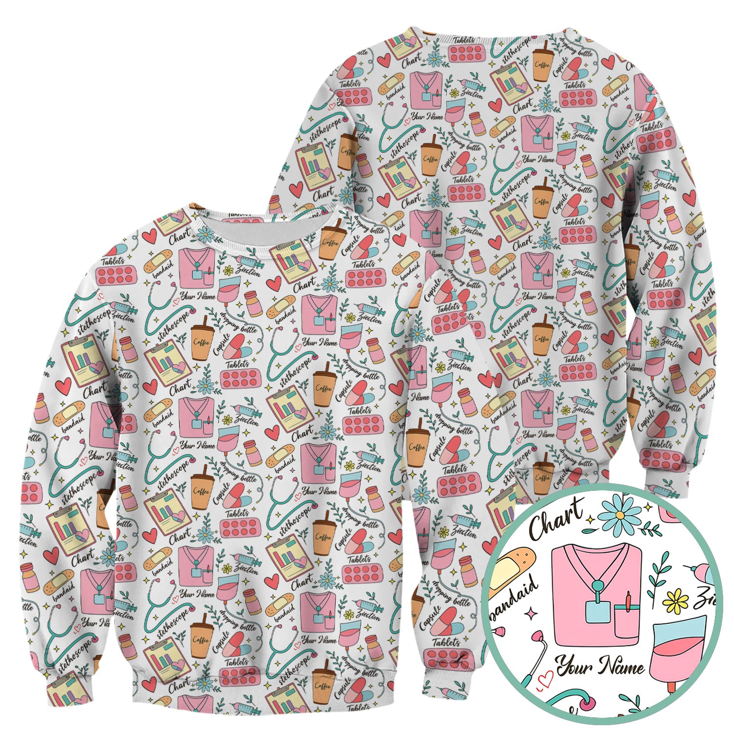 Cute Nurse Scrub - Colorful Medical Uniform Shirt with Coffee, Stethoscope & Pills - Fun RN LPN CNA Nursing Gift for Women