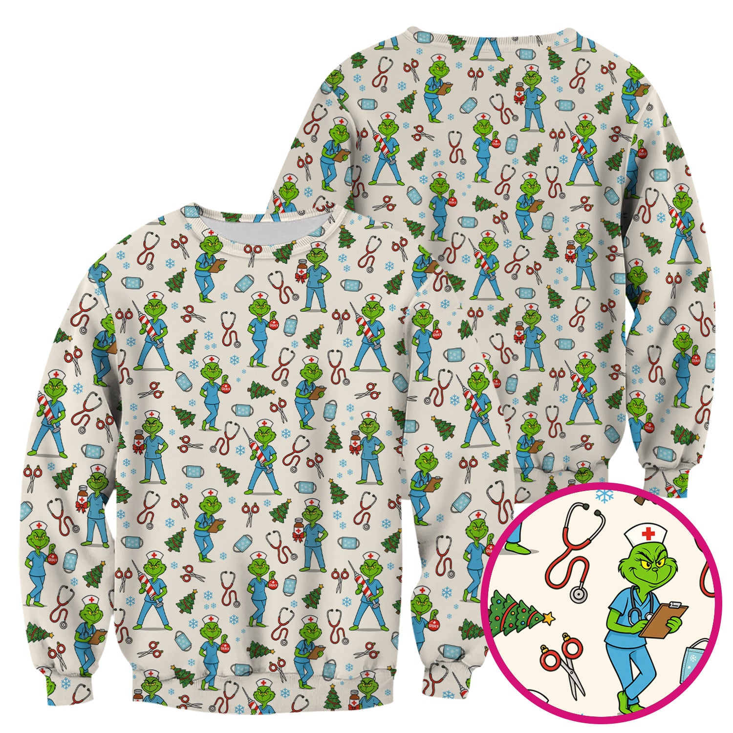Christmas Grinch Nurse Scrub Top - Funny Holiday Medical Uniform for Women - RN LPN CNA Gift
