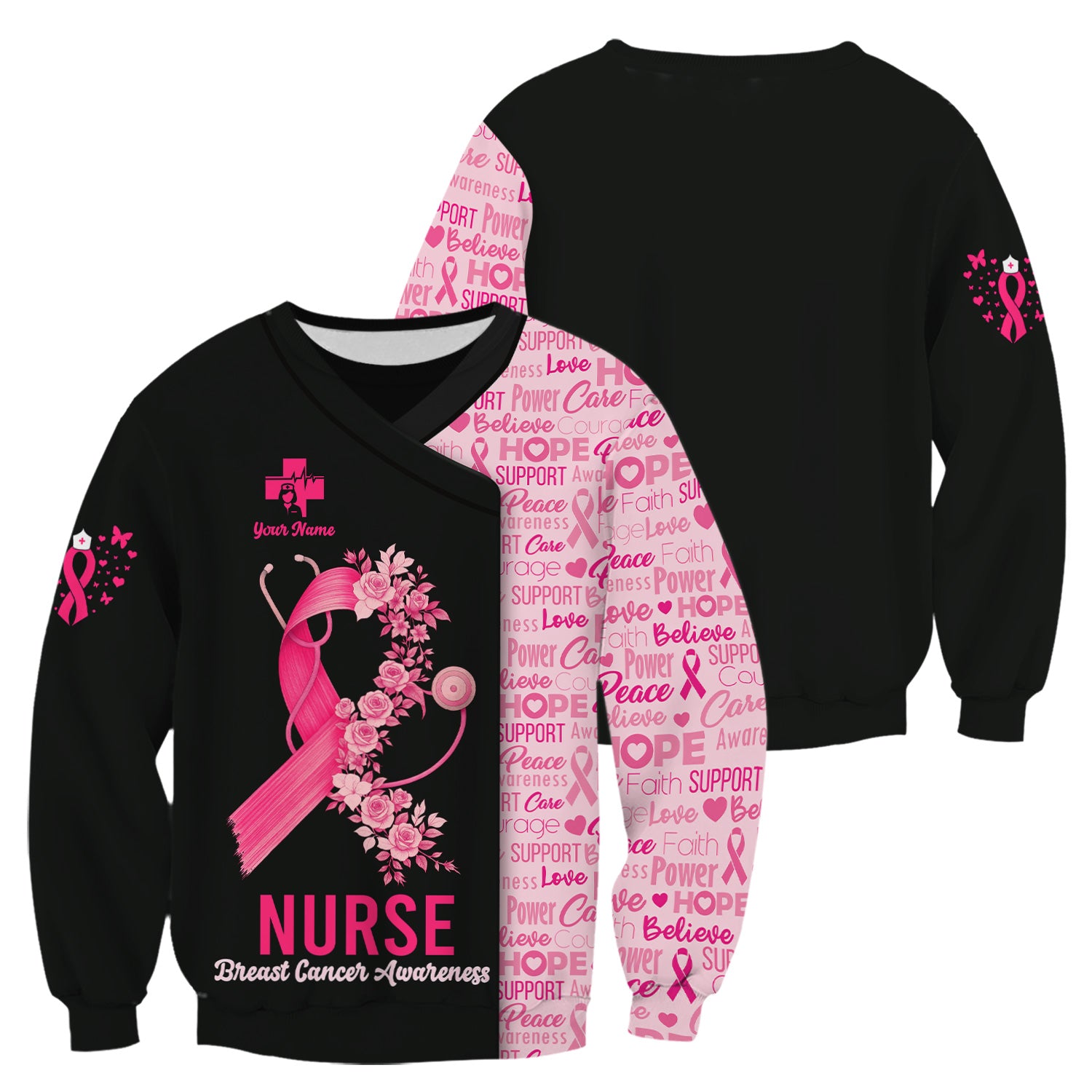 Personalized Breast Cancer Awareness Nurse Scrub Top - Pink Ribbon Medical Uniform Shirt For Women - Gift for CNA RN LPN