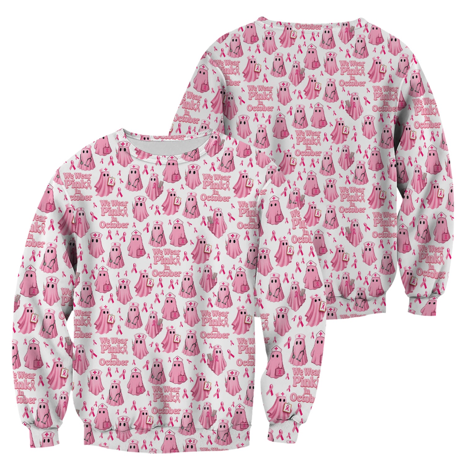 Funny Breast Cancer Awareness Scrub Top - We Wear Pink In October & Ghost Nurse Design - Gift for RN LPN CNA