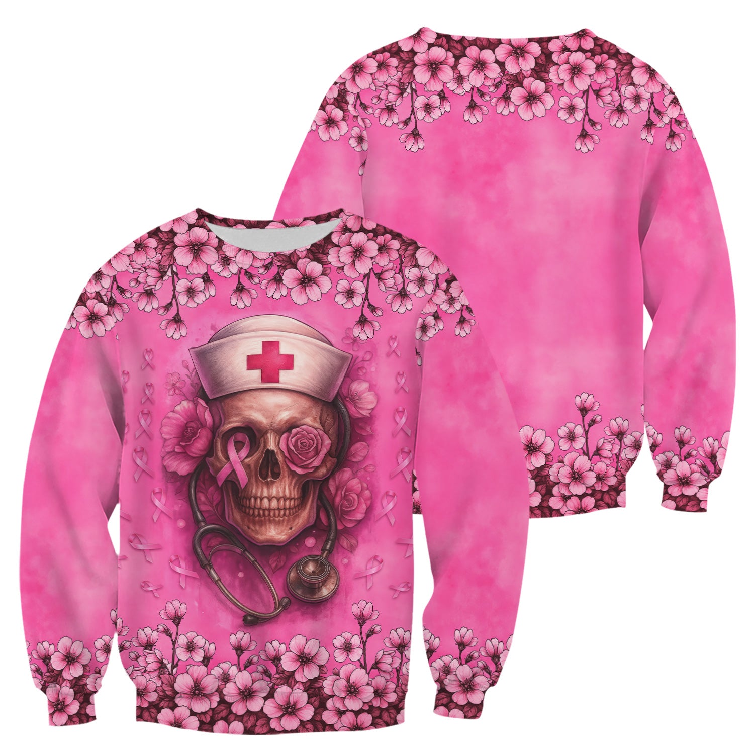 Nurse Sugar Skull Scrub Top - Floral Breast Cancer Awareness Medical Uniform - Pink Ribbon Shirt for Women - Gift for RN LPN CNA