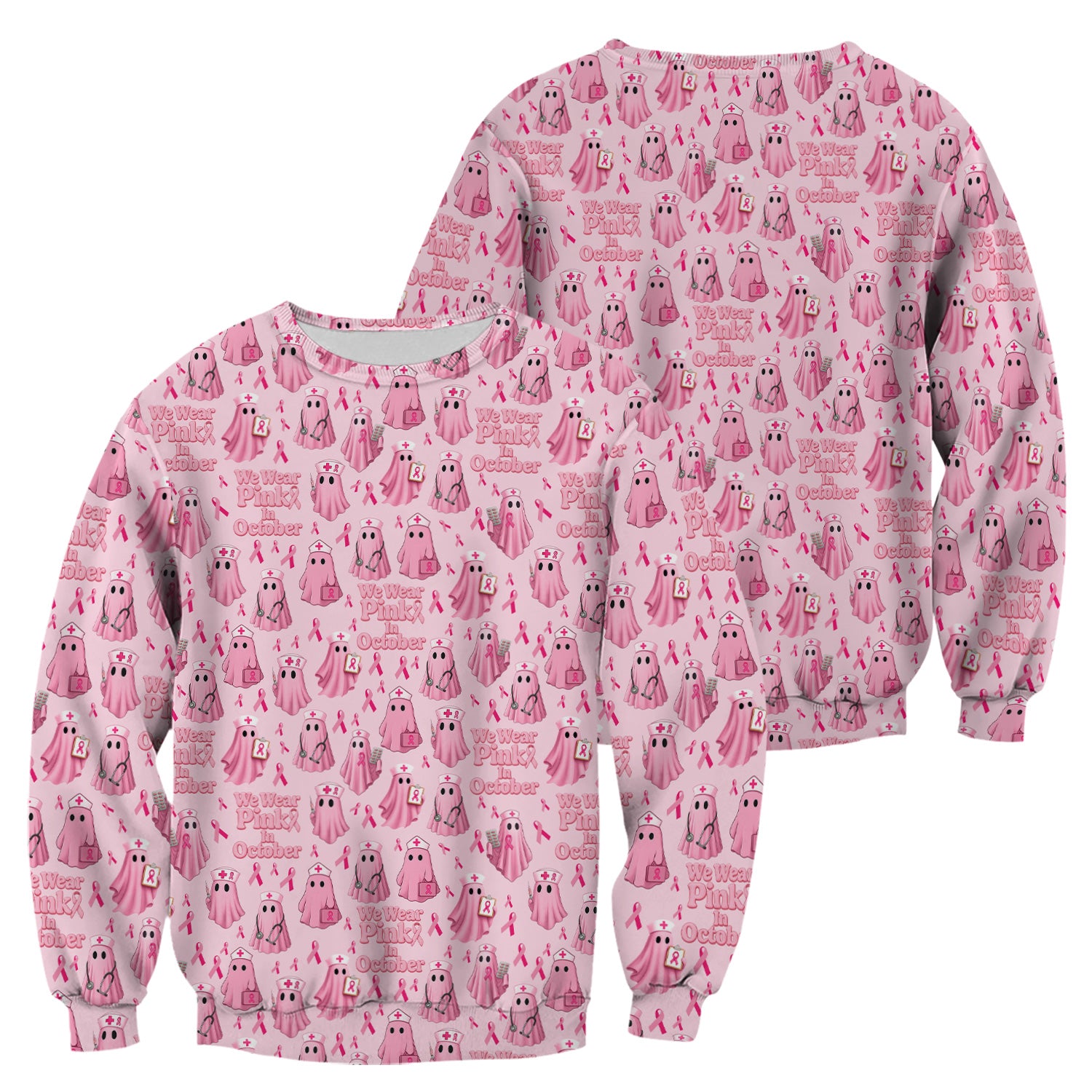 Funny Breast Cancer Awareness Scrub Top - We Wear Pink In October & Ghost Nurse Design - Gift for RN LPN CNA