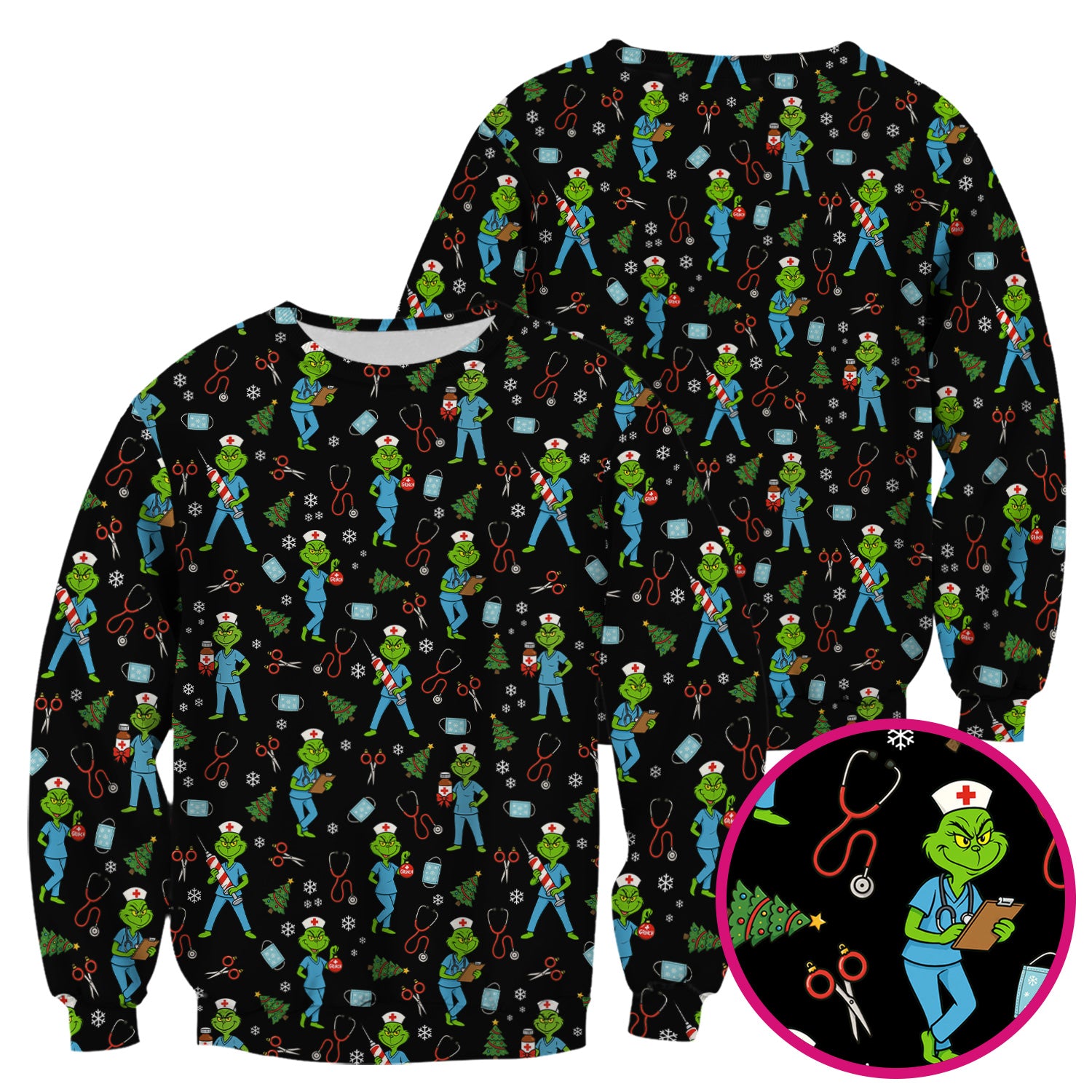 Grinch Christmas Scrub Top for Nurses - Funny Medical Workwear Top - RN LPN CNA Gift