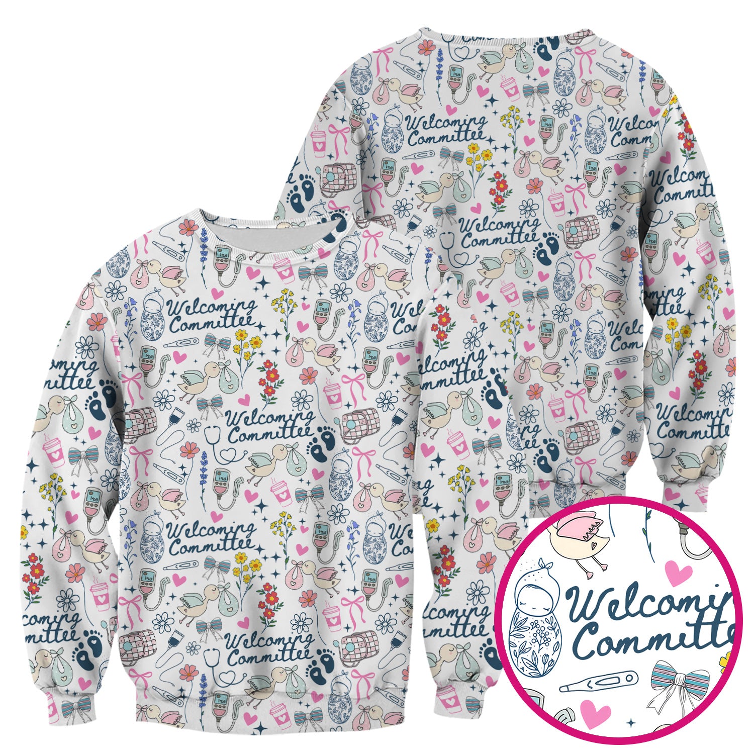 Funny NICU Nurse Tee - Cute Baby Feet & Floral Stork Pattern Graphic - Gift for Women RN LPN