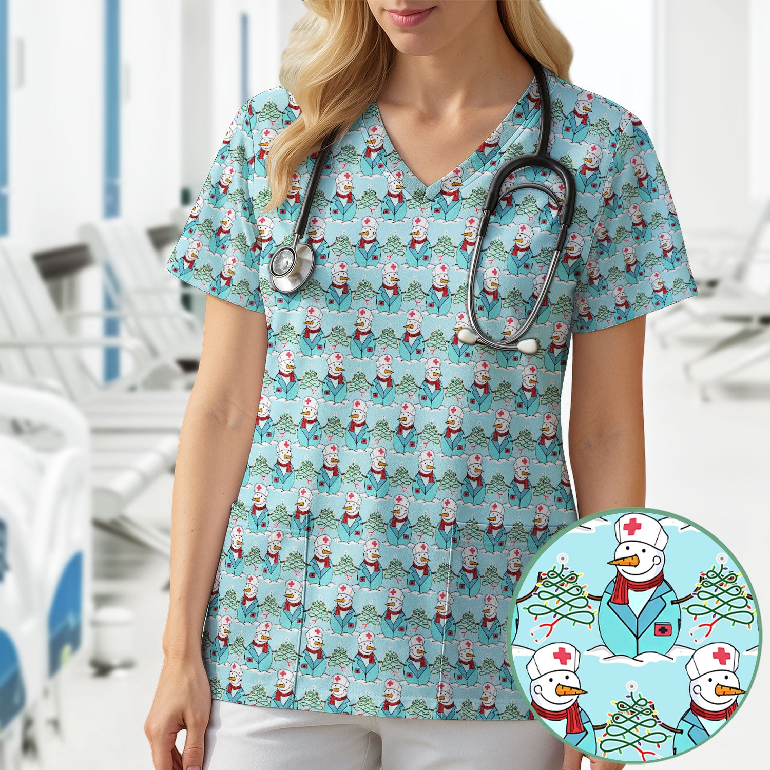 Christmas Nurse Scrubs for Women - Cute Snowman Medical Print Top - Multi Color Custom Nursing Shirt Holiday Gift for Healthcare Workers