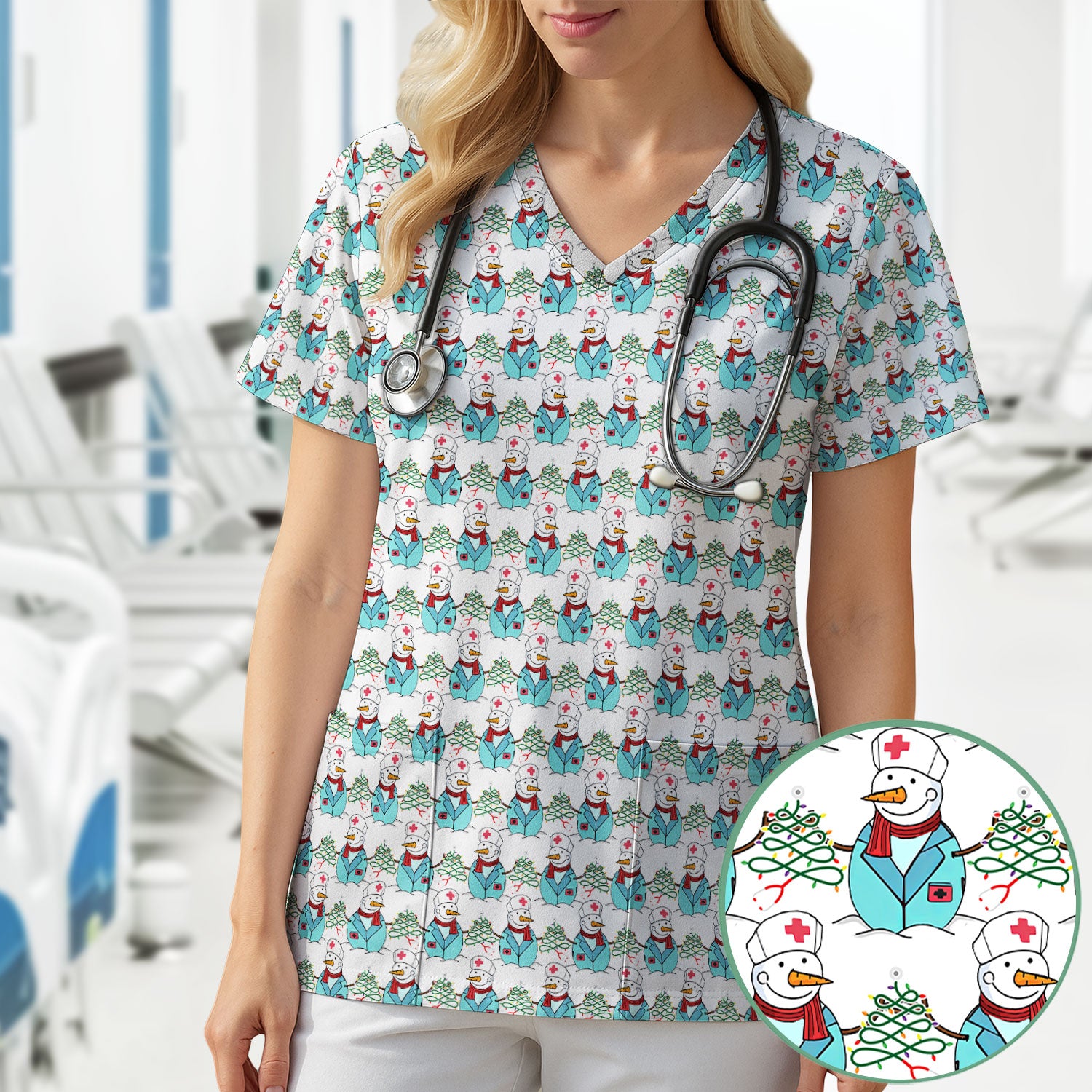 Funny Nurse Scrubs Christmas Edition - Snowman Doctor Print Top - Custom Multi Color Medical Shirt Gift for Nurses and Healthcare Staff