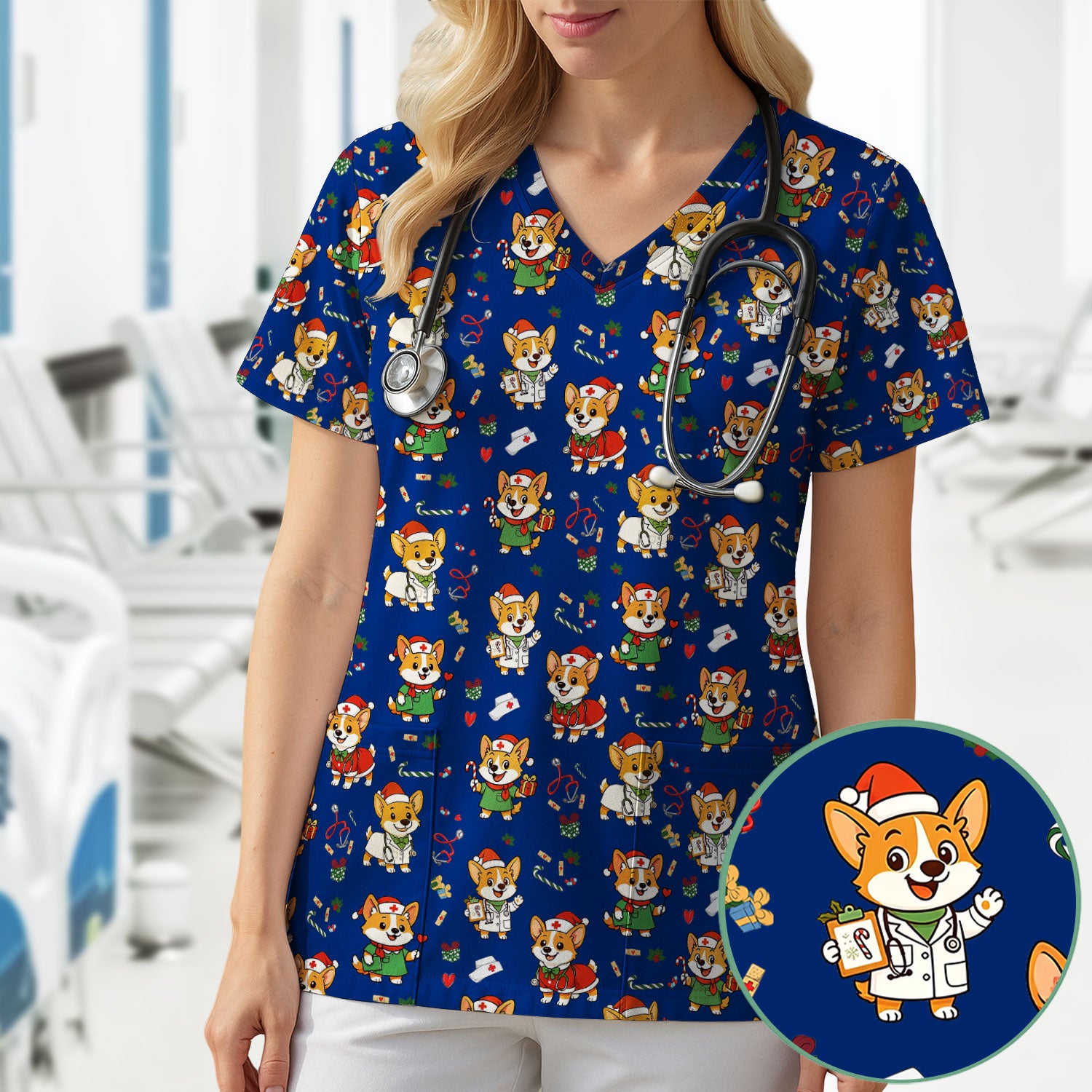 Festive Corgi Christmas Scrub Top - Cute Pet Nurse Shirt - Funny Holiday Medical Uniform for Women RN CNA LPN Gift