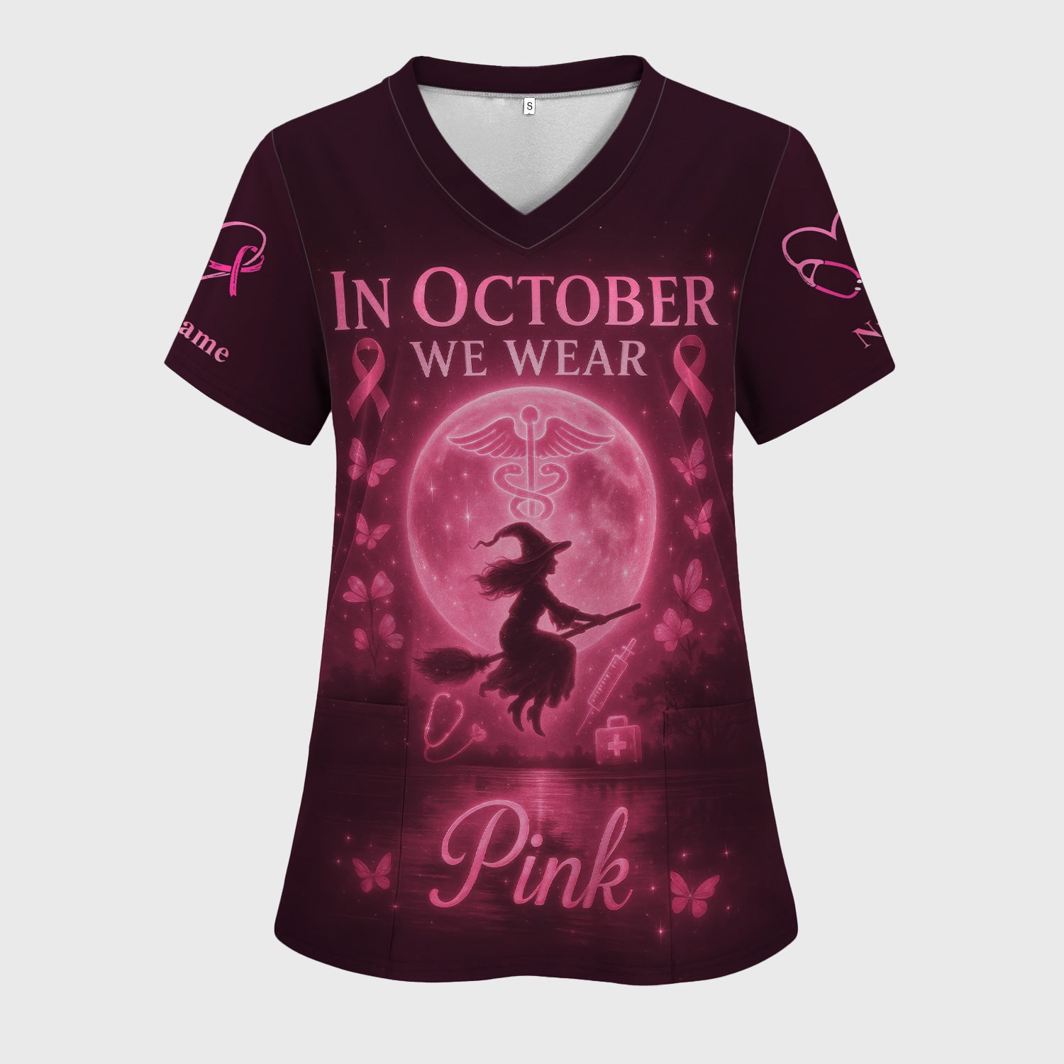 Custom Pink Ribbon Nurse Shirt for Women - Breast Cancer Awareness Halloween Tee - Gift for RN LPN CNA