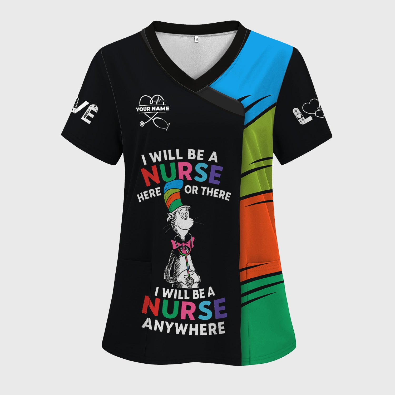 Personalized Funny Nurse Scrub Top - I Will Be A Nurse Anywhere Rhyming Quote - Gift for Women RN LPN & Nursing Students