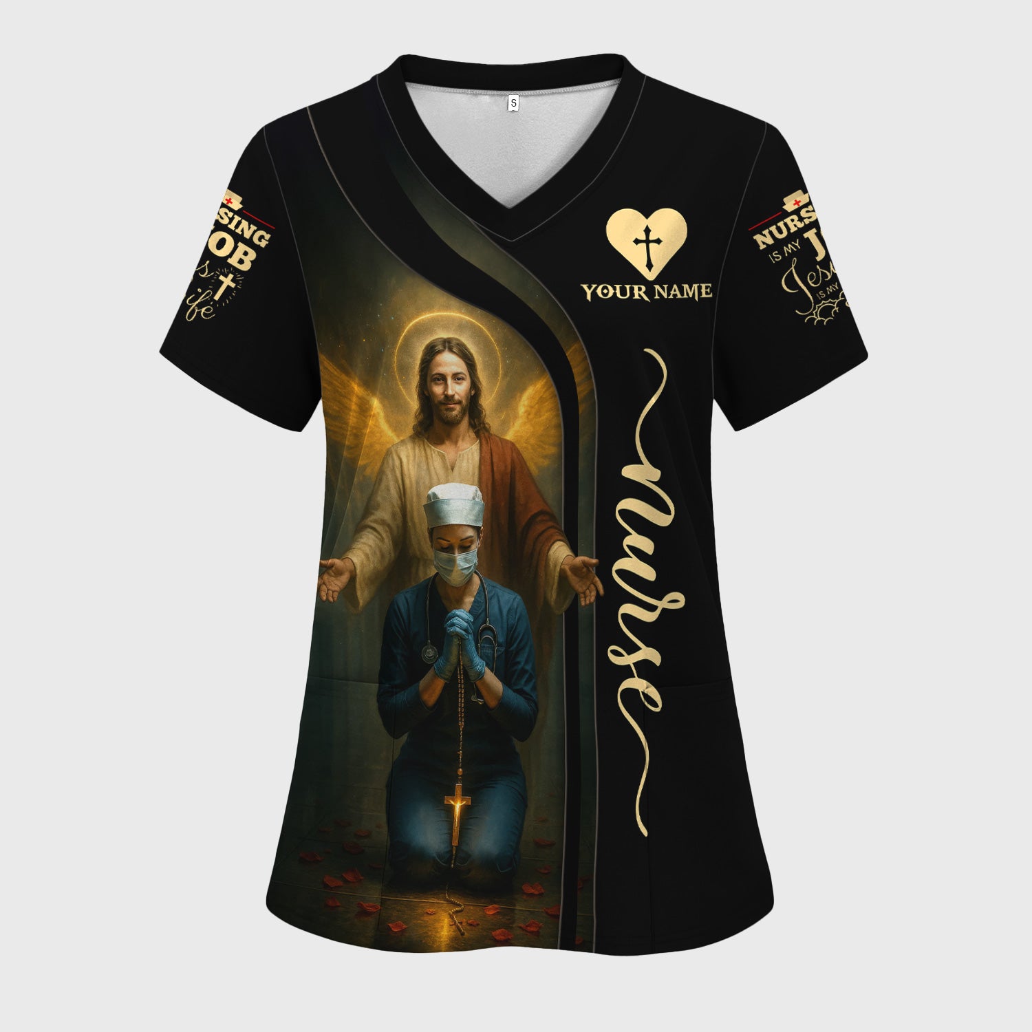 Custom Faith Nurse Scrub - Jesus Watching Over Praying Nurse Graphic Design - RN LPN CNA Healthcare Workers Gift