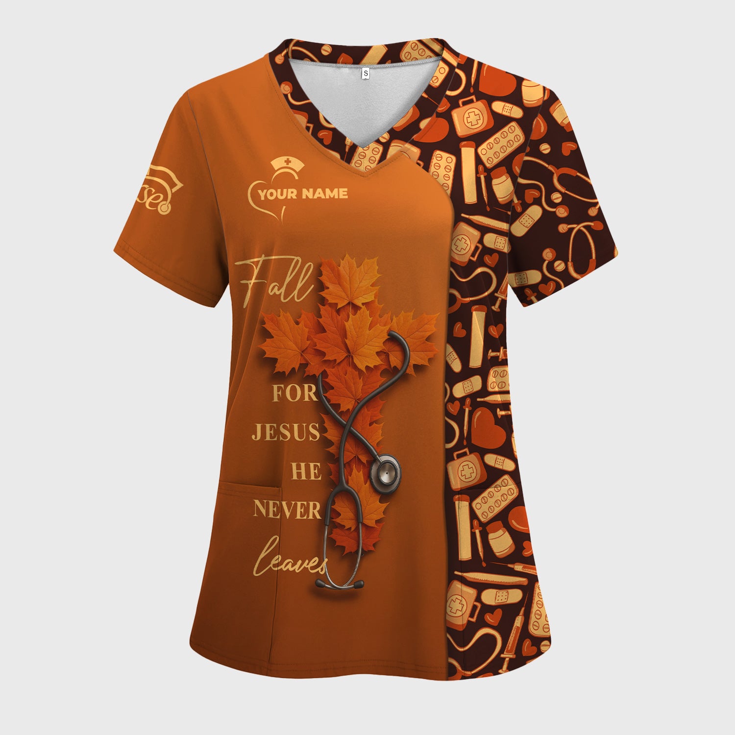 Custom Christian Nurse Scrub Top - Fall For Jesus He Never Leaves - Gift for RN LPN CNA Healthcare Workers