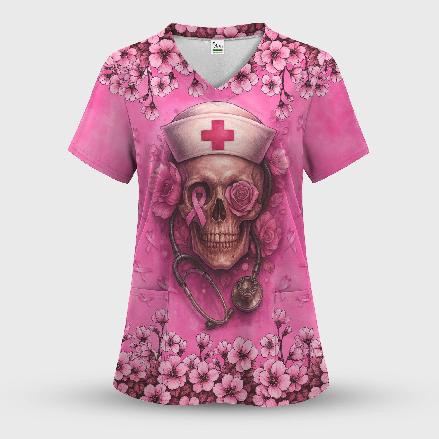 Nurse Sugar Skull Scrub Top - Floral Breast Cancer Awareness Medical Uniform - Pink Ribbon Shirt for Women - Gift for RN LPN CNA