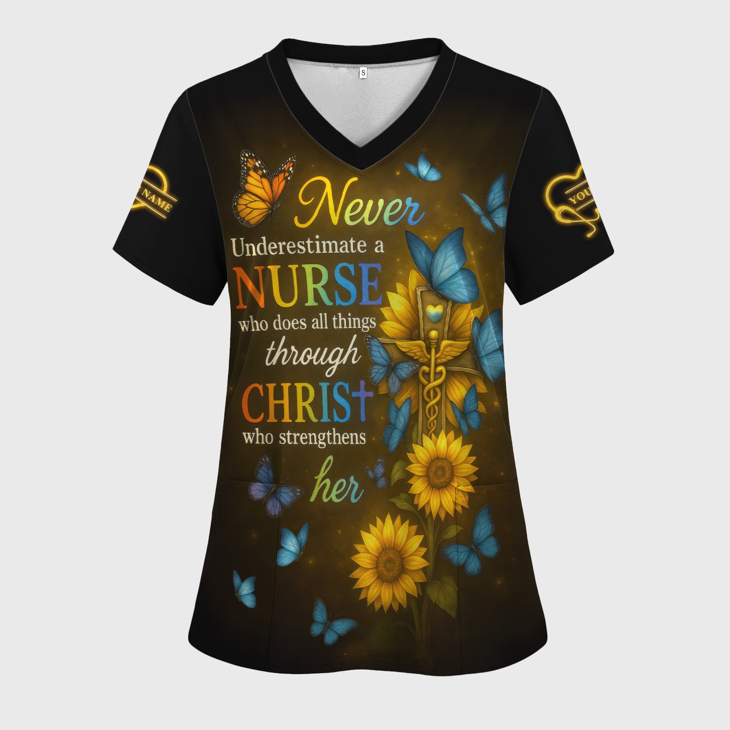 Custom Faith Nurse Sunflower Shirt - All Things Through Christ & Butterfly Cross Graphic - Gift for Women RN LPN & Medical Students