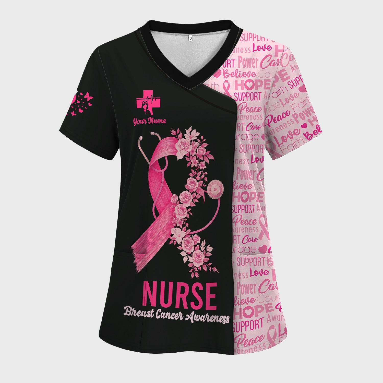 Personalized Breast Cancer Awareness Nurse Scrub Top - Pink Ribbon Medical Uniform Shirt For Women - Gift for CNA RN LPN