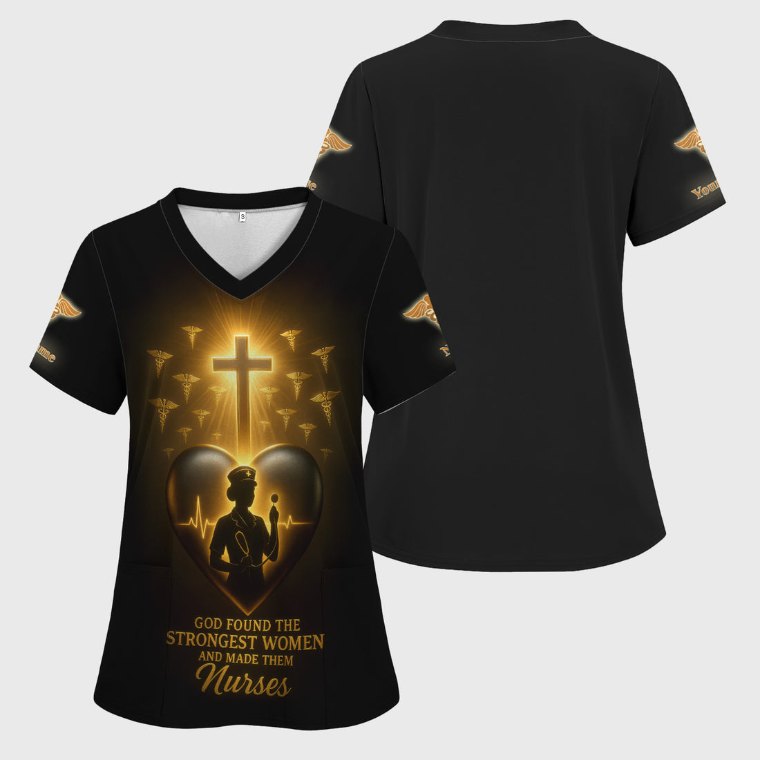 Custom Faith Nurse Scrub Top - Glowing Cross & Heartbeat Graphic Tee - Gift for Christian Nurses & Nursing Students