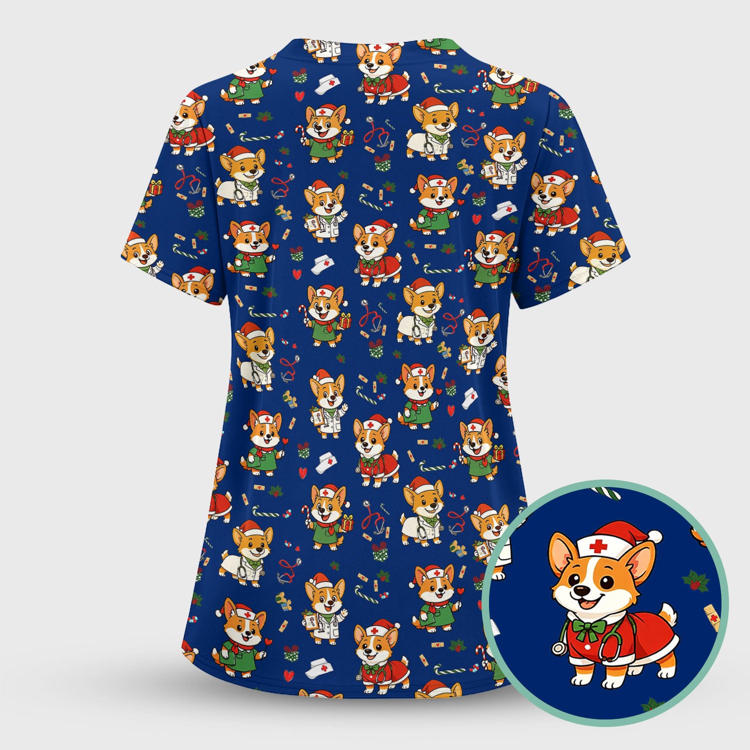 Festive Corgi Christmas Scrub Top - Cute Pet Nurse Shirt - Funny Holiday Medical Uniform for Women RN CNA LPN Gift