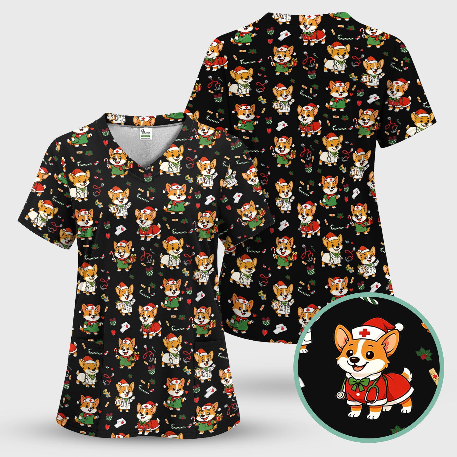Cute Christmas Corgi Scrub Top - Cute Holiday Dog Nurse Uniform - Funny Medical Top Gift for RN CNA LPN Nursing Students