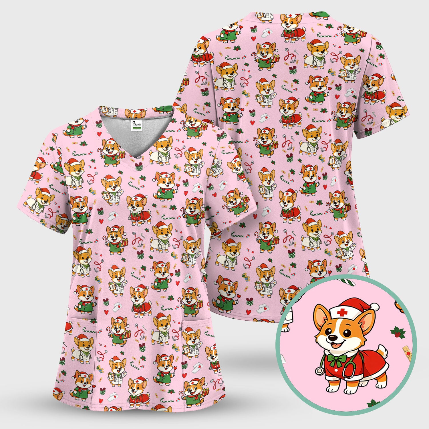 Christmas Corgi Nurse Scrub Top - Cute Dog Holiday Medical Uniform for Women - Funny RN CNA LPN Nursing Shirt Gift