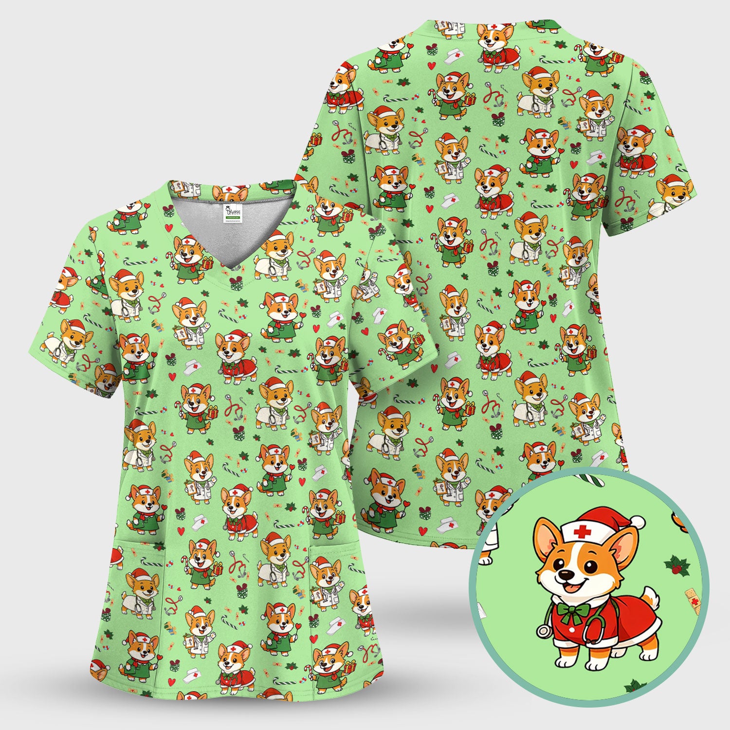 Festive Corgi Christmas Scrub Top - Cute Pet Nurse Shirt - Funny Holiday Medical Uniform for Women RN CNA LPN Gift