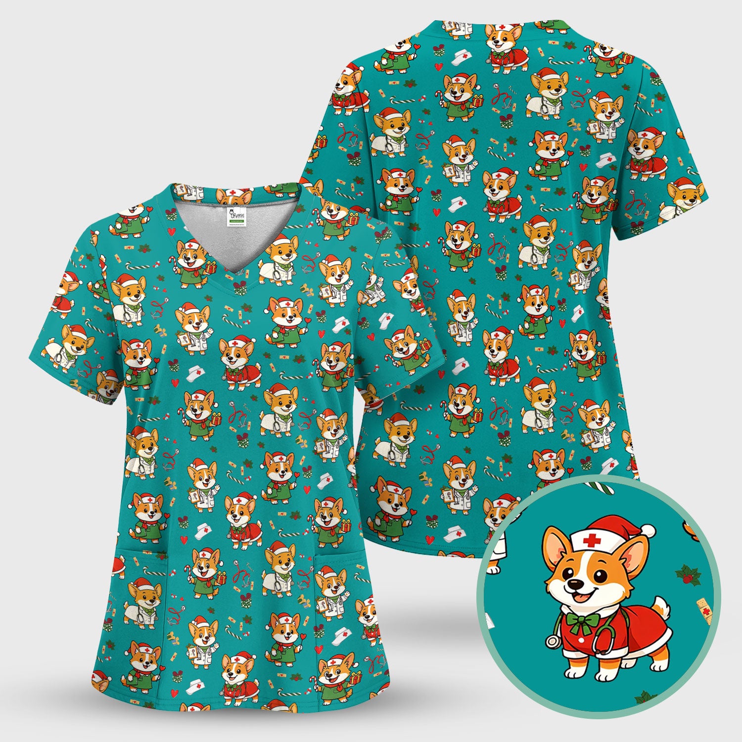 Cute Christmas Corgi Scrub Top - Cute Holiday Dog Nurse Uniform - Funny Medical Top Gift for RN CNA LPN Nursing Students
