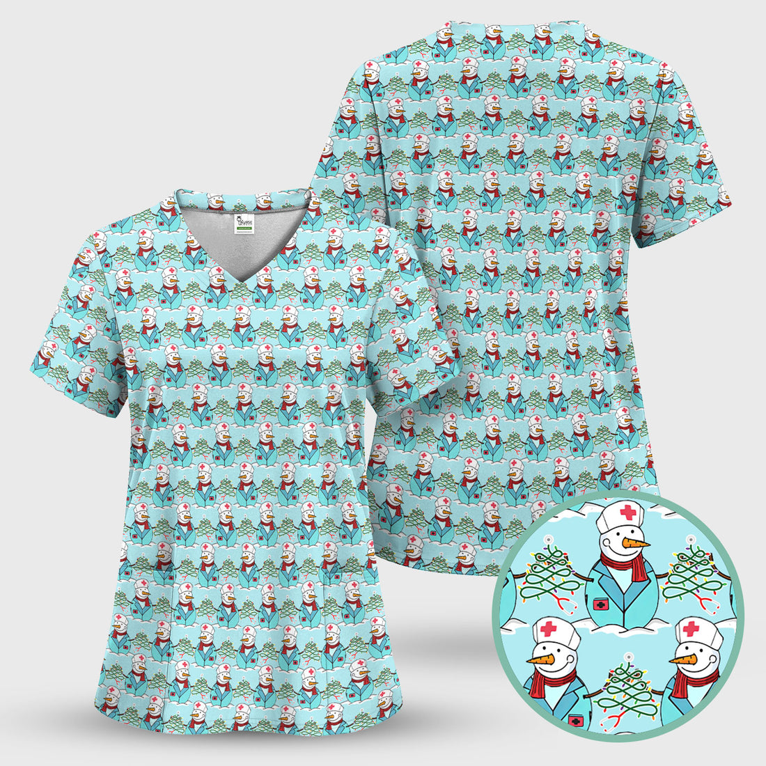 Christmas Nurse Scrubs for Women - Cute Snowman Medical Print Top - Multi Color Custom Nursing Shirt Holiday Gift for Healthcare Workers