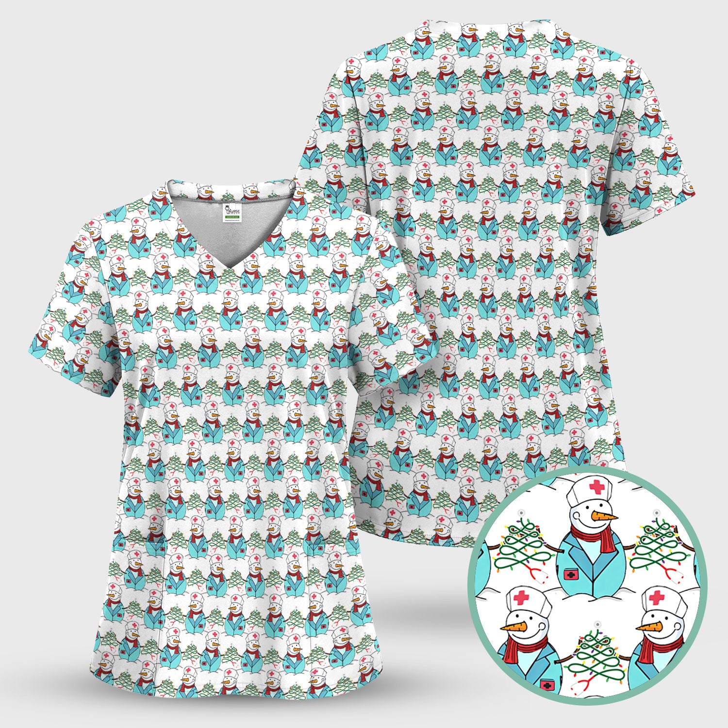 Funny Nurse Scrubs Christmas Edition - Snowman Doctor Print Top - Custom Multi Color Medical Shirt Gift for Nurses and Healthcare Staff