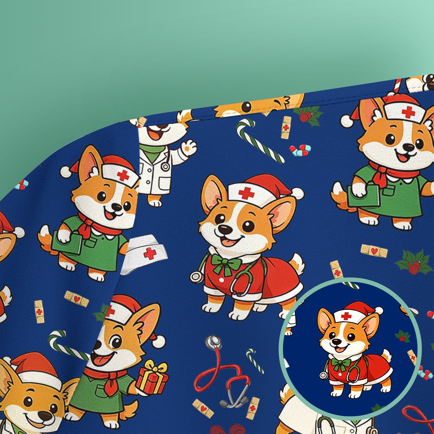 Festive Corgi Christmas Scrub Top - Cute Pet Nurse Shirt - Funny Holiday Medical Uniform for Women RN CNA LPN Gift