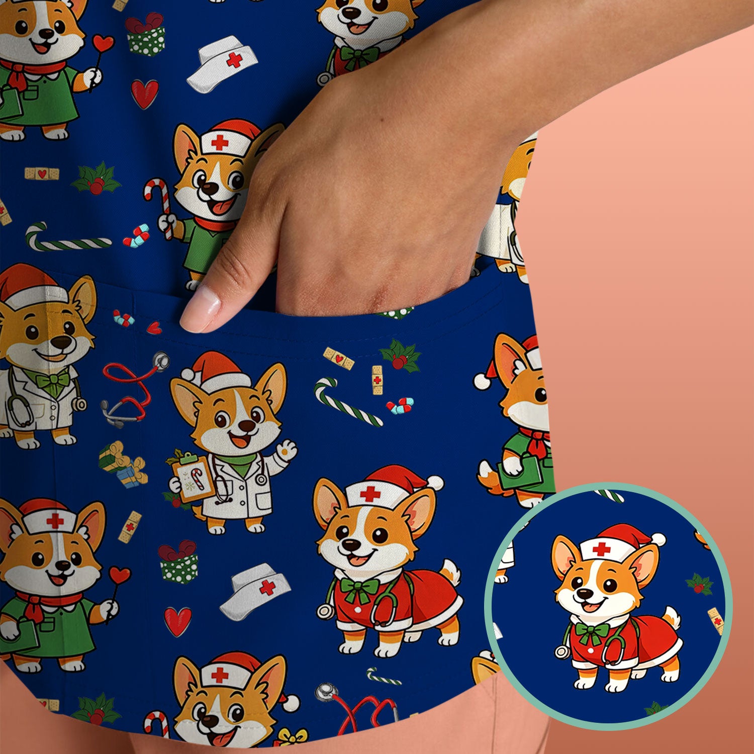 Festive Corgi Christmas Scrub Top - Cute Pet Nurse Shirt - Funny Holiday Medical Uniform for Women RN CNA LPN Gift