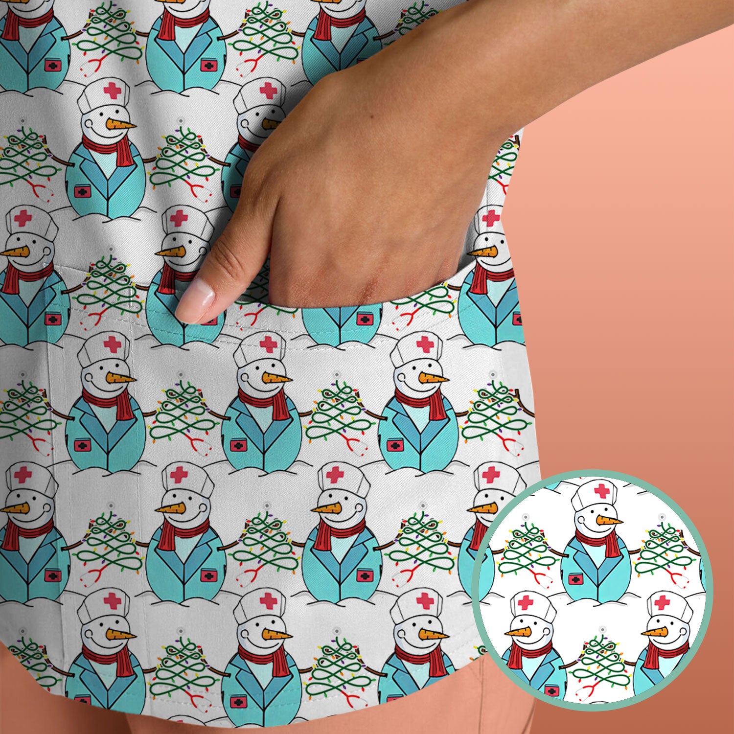 Funny Nurse Scrubs Christmas Edition - Snowman Doctor Print Top - Custom Multi Color Medical Shirt Gift for Nurses and Healthcare Staff