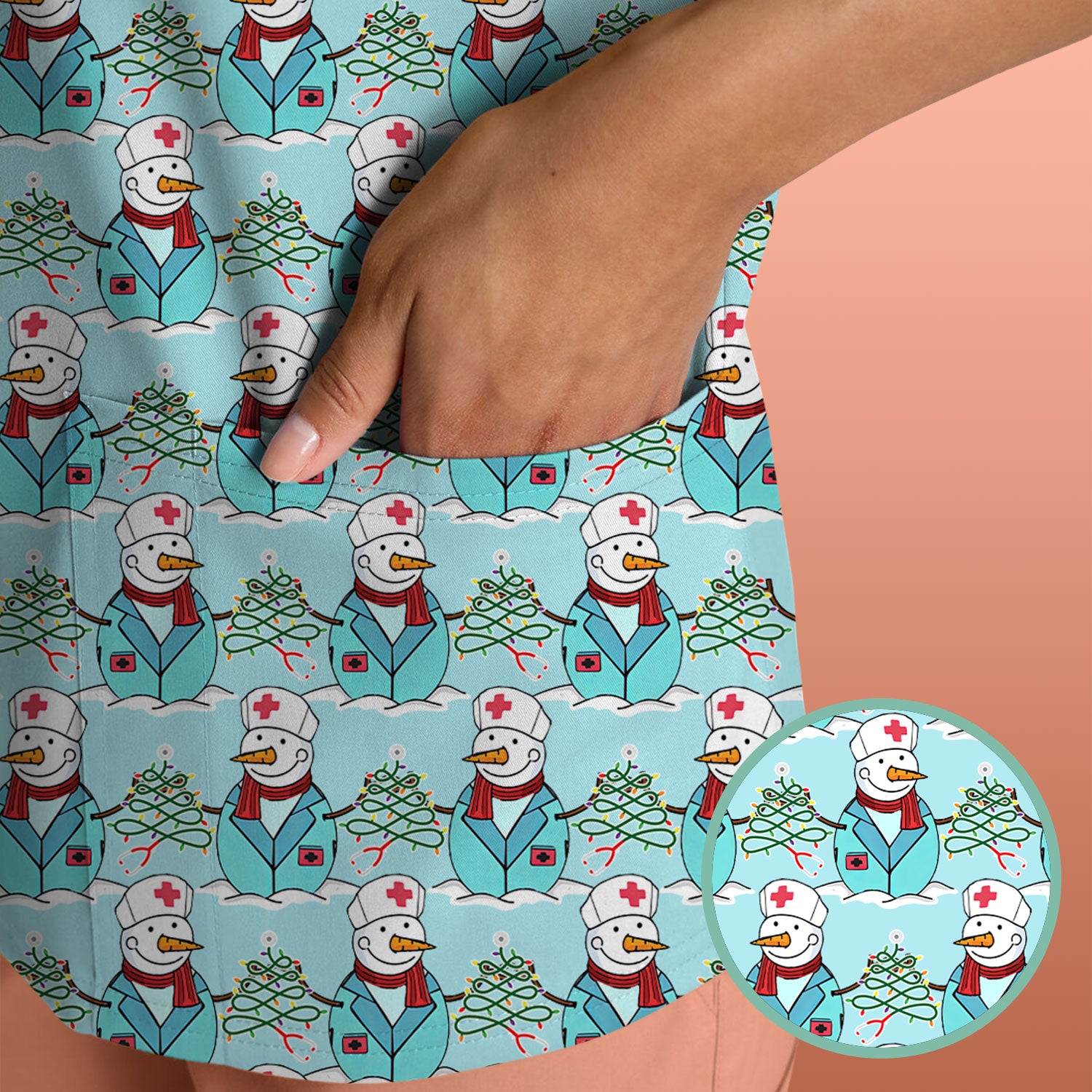 Christmas Nurse Scrubs for Women - Cute Snowman Medical Print Top - Multi Color Custom Nursing Shirt Holiday Gift for Healthcare Workers