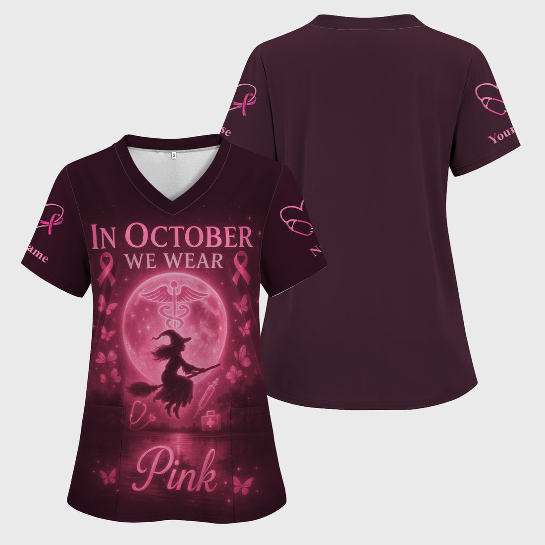Custom Breast Cancer Awareness Nurse Scrub - In October We Wear Pink Medical Top - Gift for RN LPN CNA