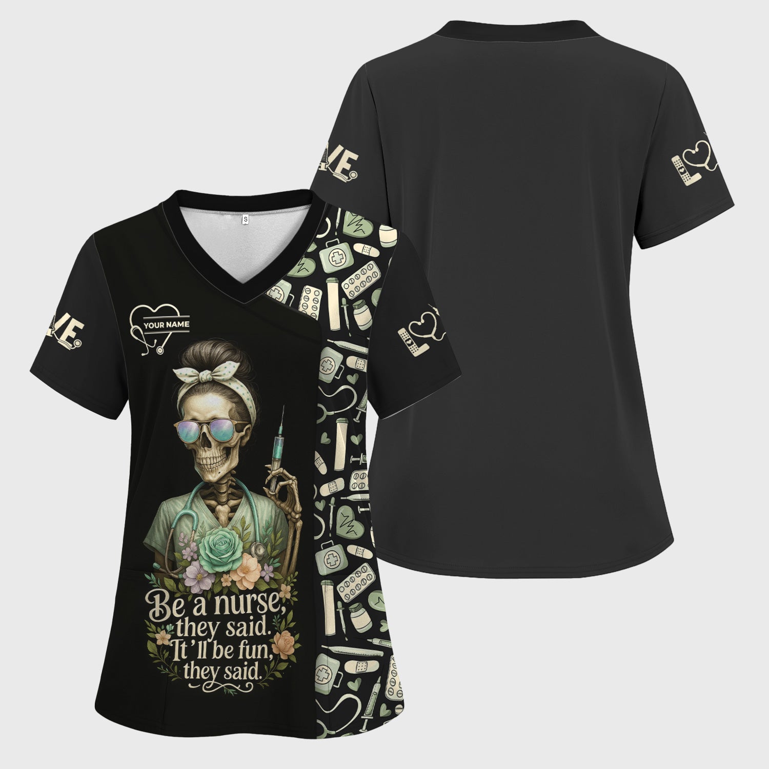 Personalized Skeleton Nurse Shirt - Messy Bun Hair & Leopard Print Graphic Tee - Gift for Women CNA & Healthcare Workers