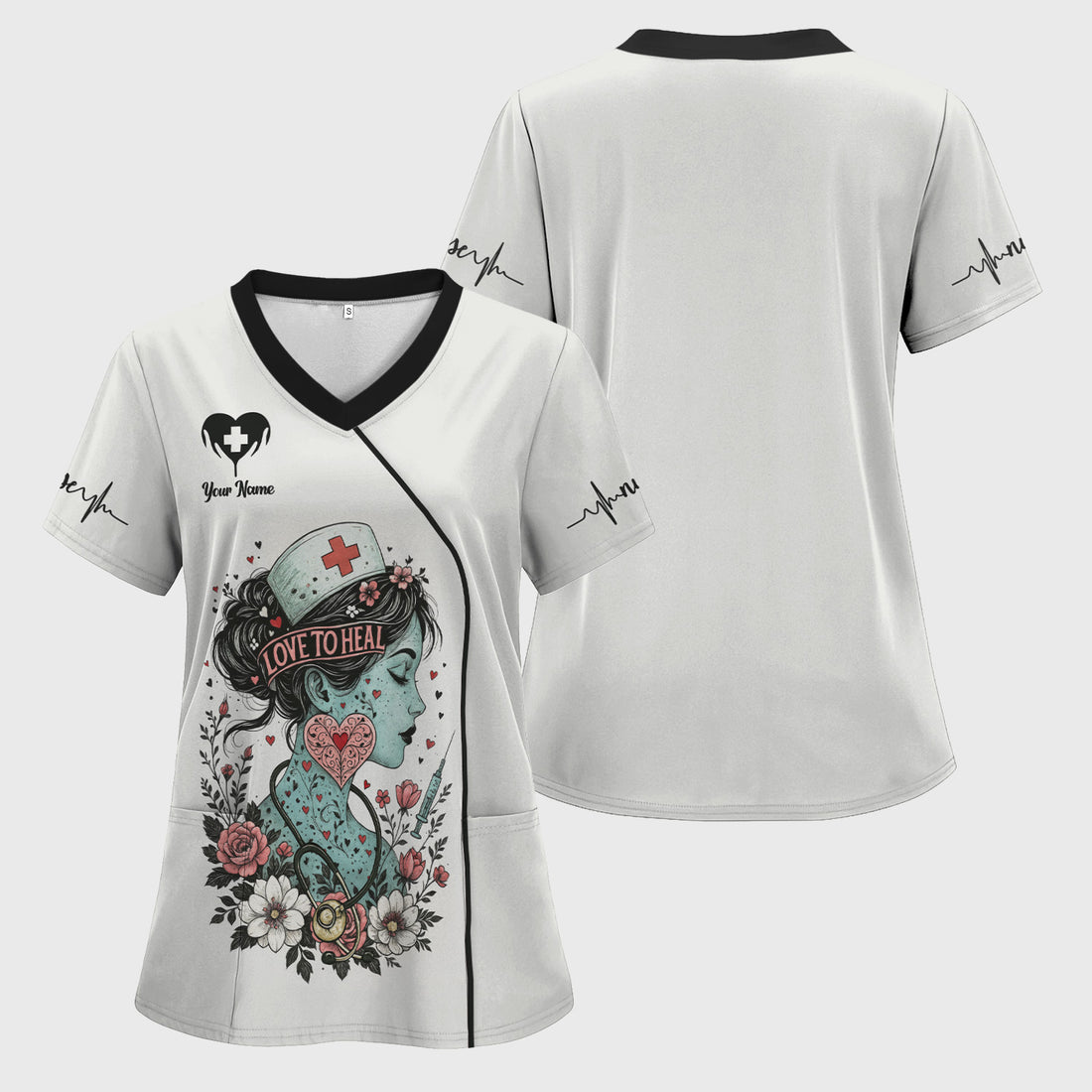 Personalized Tattooed Nurse Scrub Top - Love to Heal Floral Graphic Design - Gift for Women RN, LPN, CNA