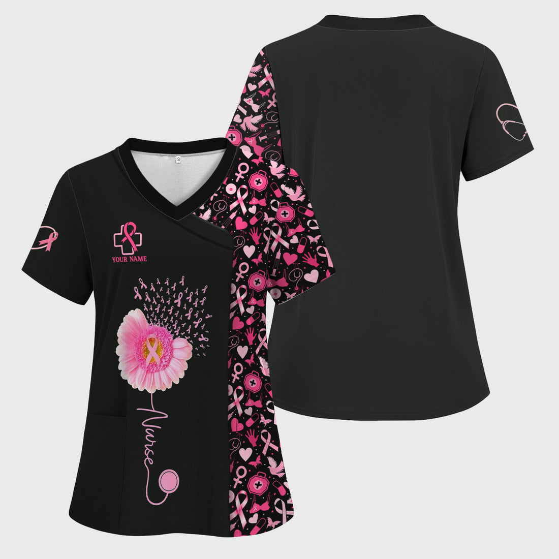 Personalized Breast Cancer Awareness Floral Scrub Top - Pink Gerbera Daisy & Ribbon Graphic Design - Gift for Women RN LPN