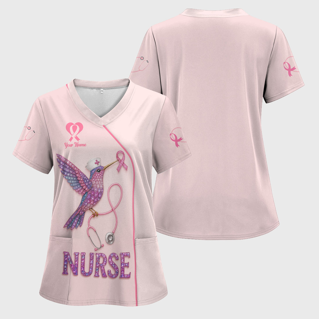 Personalized Breast Cancer Awareness Scrub Top - Cute Hummingbird Nurse & Pink Ribbon Design - Gift for Women RN, LPN, CNA