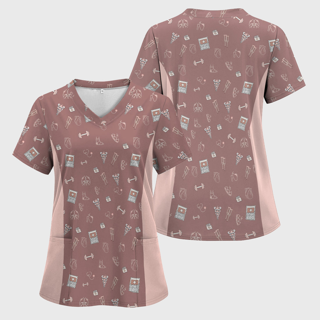 Funny Physical Therapist Scrub Top - Medical Icons & Dumbbell Pattern Design - Gift for RN LPN CNA