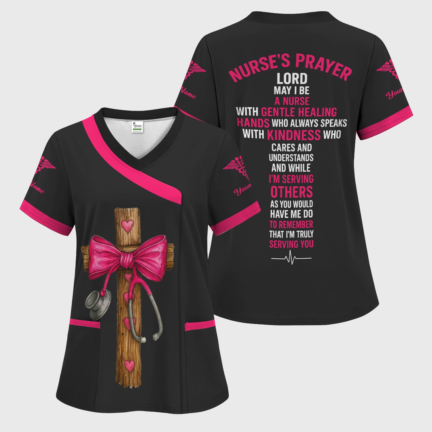 Personalized Nurse Prayer Quote Scrub Top - Custom Cross & Stethoscope Design - RN LPN CNA Healthcare Workers Gift