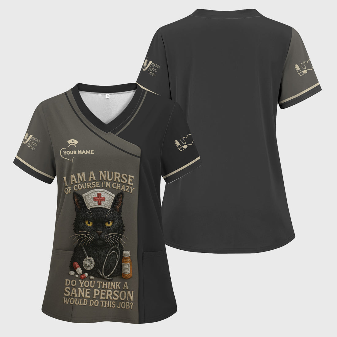 Personalized Funny Black Cat Nurse Scrub Top - Crazy Cute Cat Nurse Medical Design - Gift for RN LPN CNA Nursing Staff