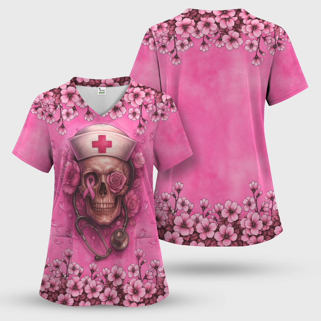 Nurse Sugar Skull Scrub Top - Floral Breast Cancer Awareness Medical Uniform - Pink Ribbon Shirt for Women - Gift for RN LPN CNA