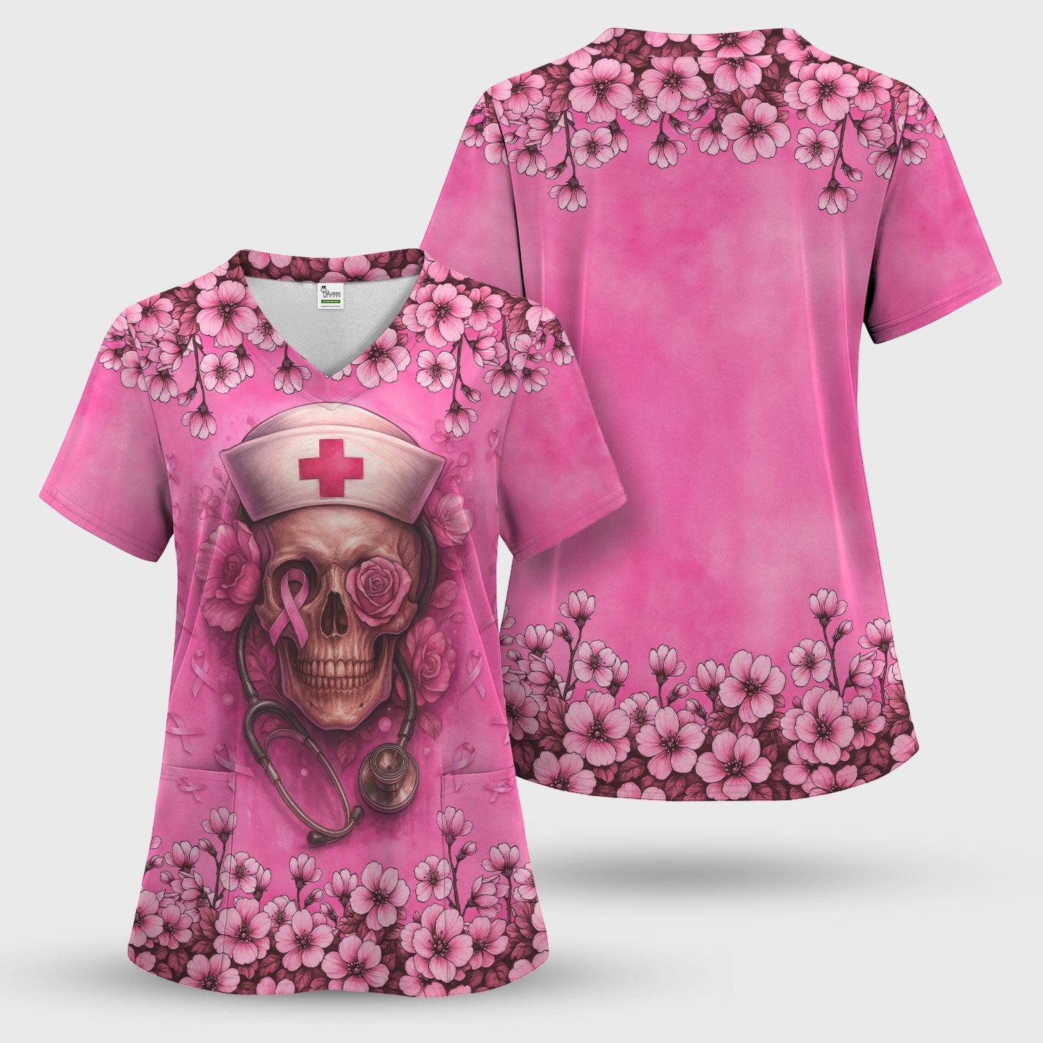 Nurse Sugar Skull Scrub Top - Floral Breast Cancer Awareness Medical Uniform - Pink Ribbon Shirt for Women - Gift for RN LPN CNA