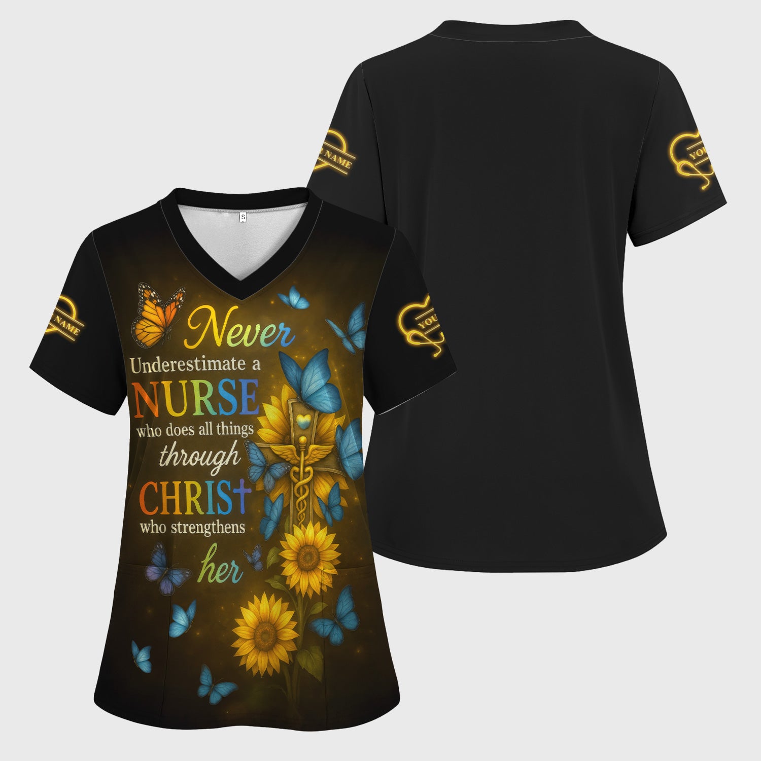Custom Faith Nurse Sunflower Shirt - All Things Through Christ & Butterfly Cross Graphic - Gift for Women RN LPN & Medical Students