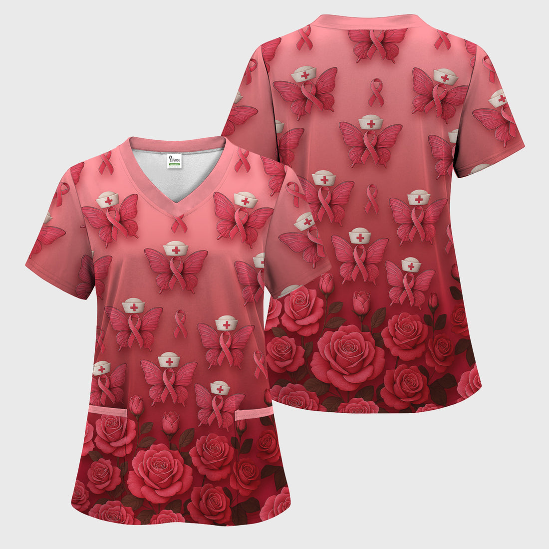 Cute Nurse Pink Butterfly Scrub Top - Breast Cancer Awareness Ribbon Graphic Tee - RN LPN CNA Gift