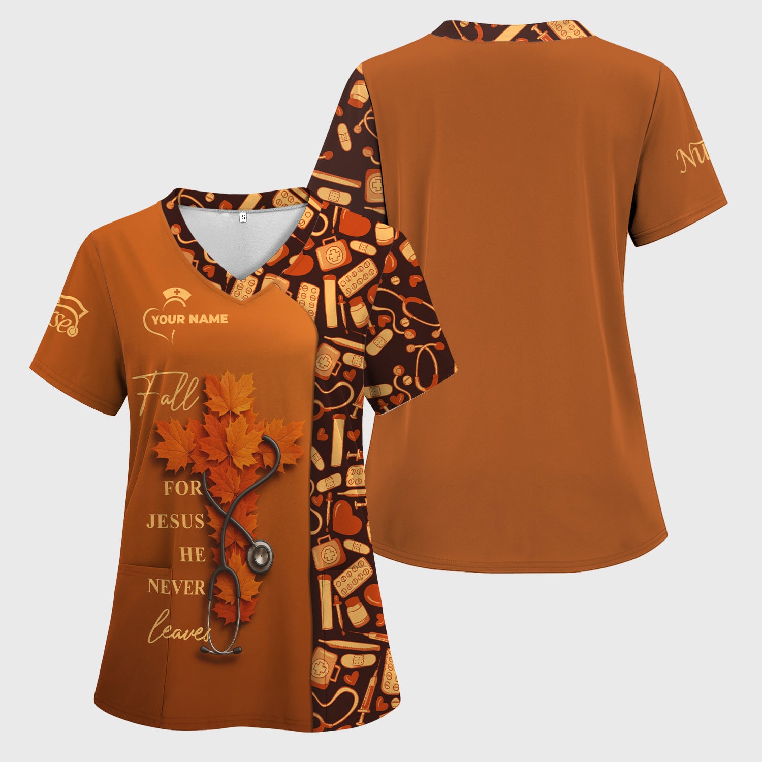 Custom Christian Nurse Scrub Top - Fall For Jesus He Never Leaves - Gift for RN LPN CNA Healthcare Workers