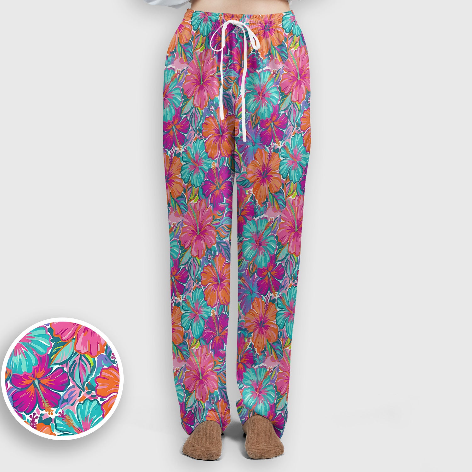 Vibrant Hibiscus Tropical Floral Pattern Scrub Set, Scrub Pants and V Neck Top