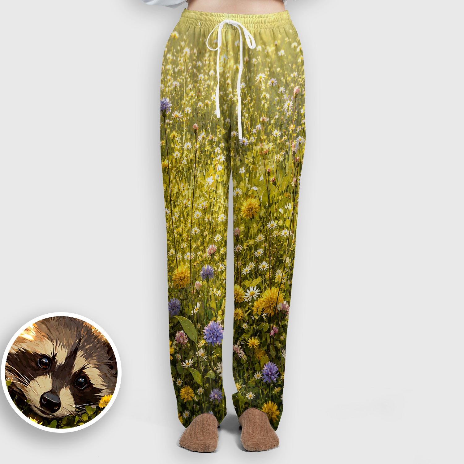 Meadow Raccoon Wildflower Garden Pattern Scrub Set, Scrub Pants and V Neck Top