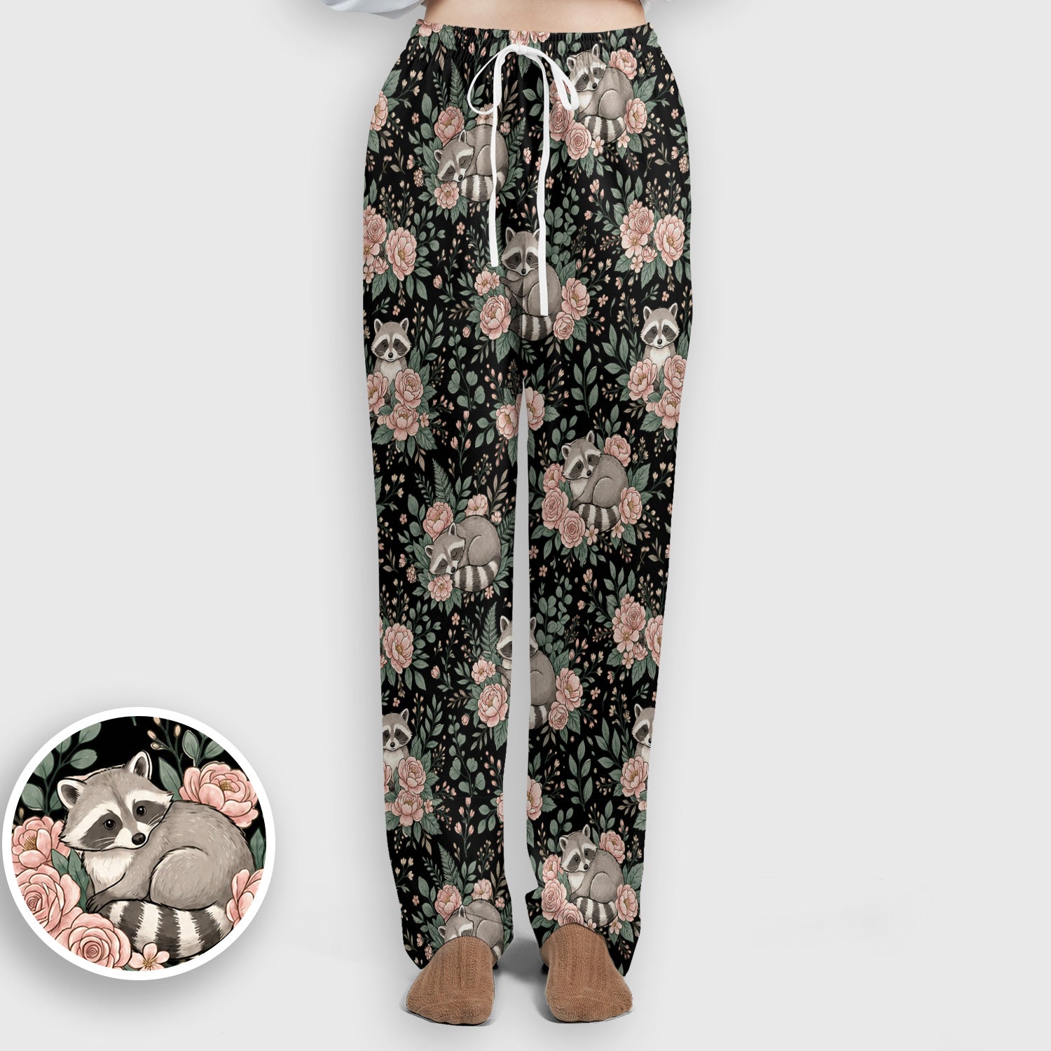 Sleeping Raccoon Rose Garden Pattern Scrub Set, Scrub Pants and V Neck Top