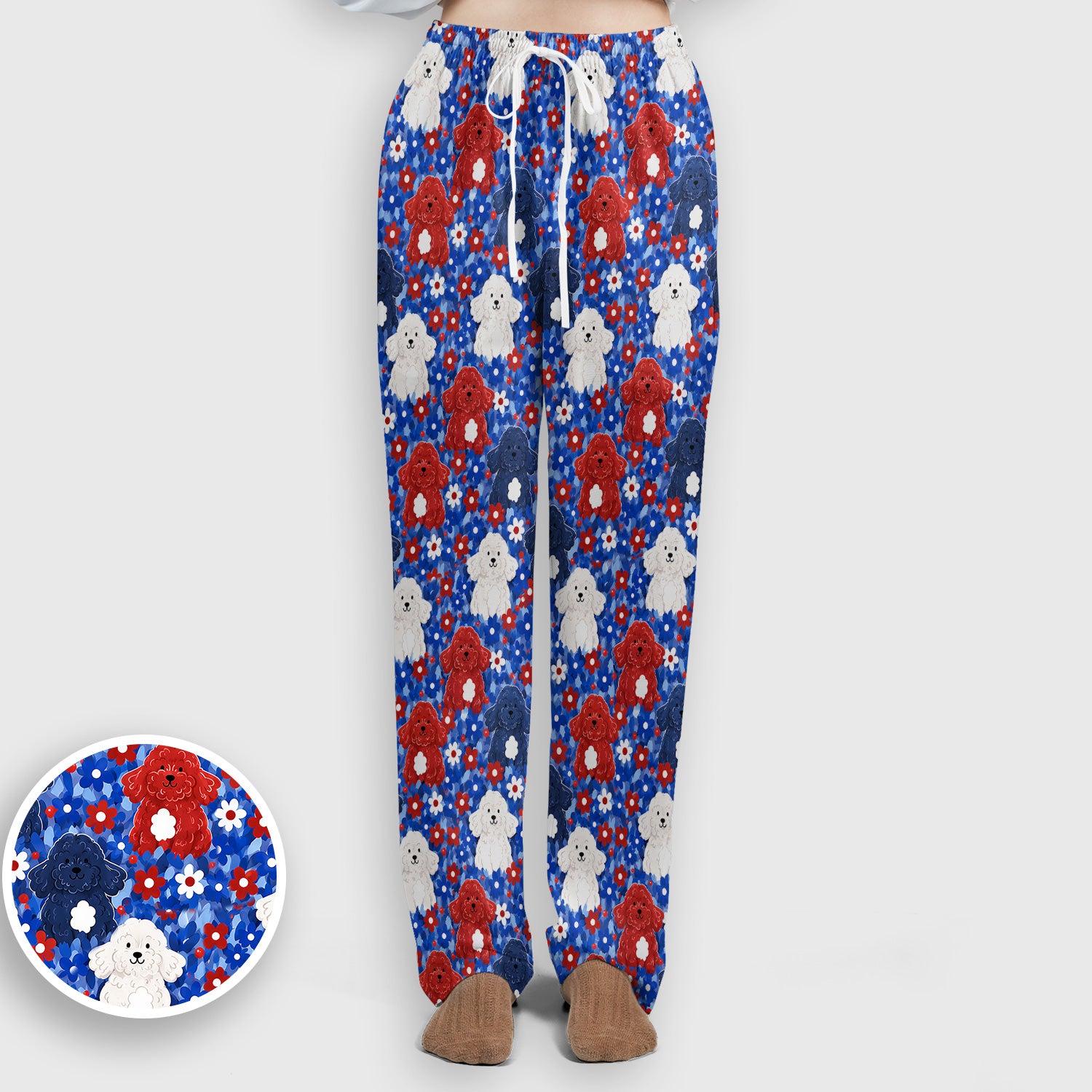 Cute Poodle Floral Garden Print Scrub Set, Scrub Pants and V Neck Top