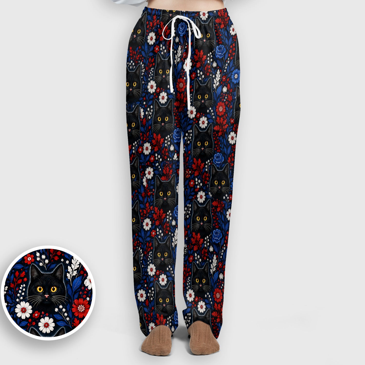 Black Cat Floral Nurse Pattern Scrub Set, Scrub Pants and V Neck Top