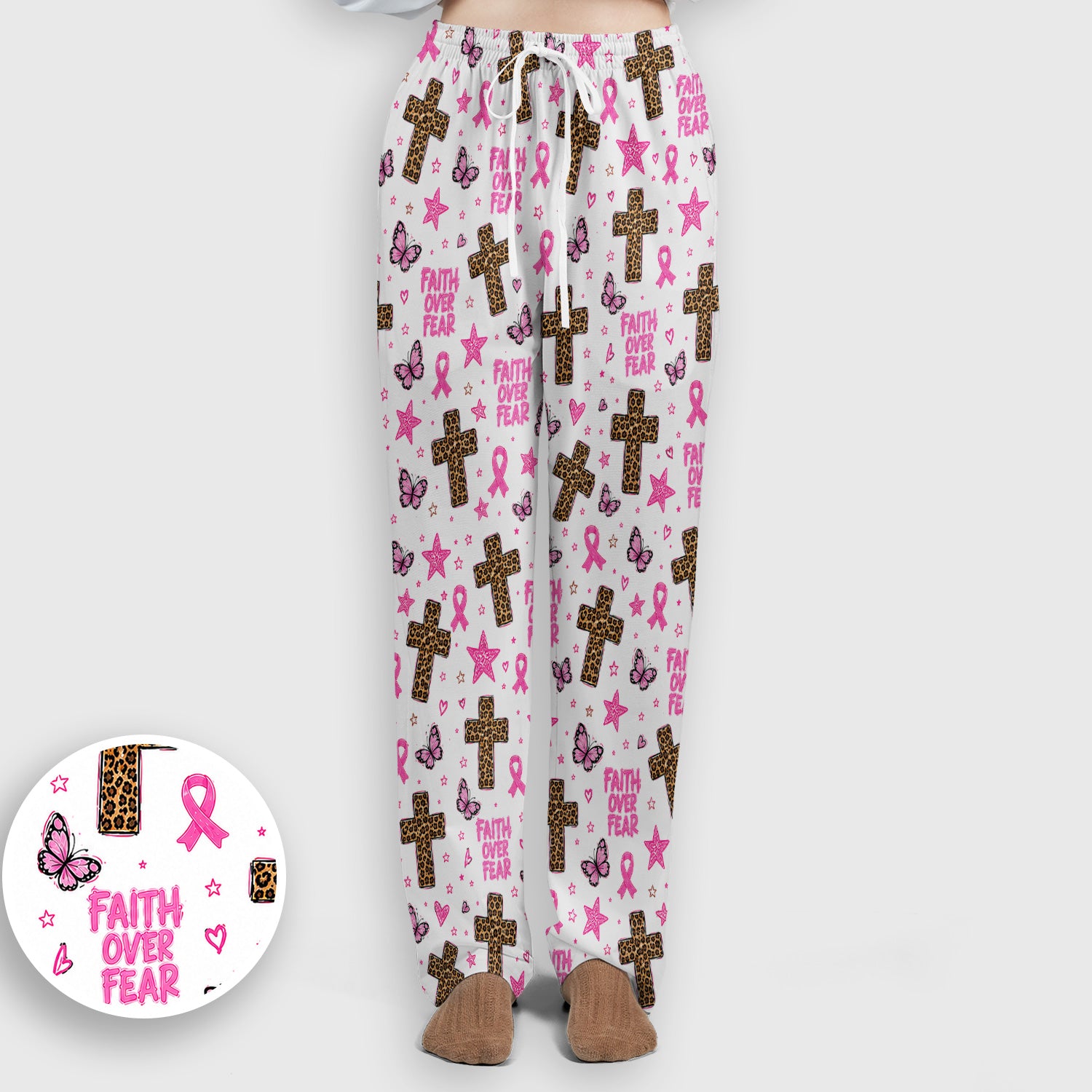 Faith Over Fear Breast Cancer Scrub Set, Scrub Pants and V Neck Top