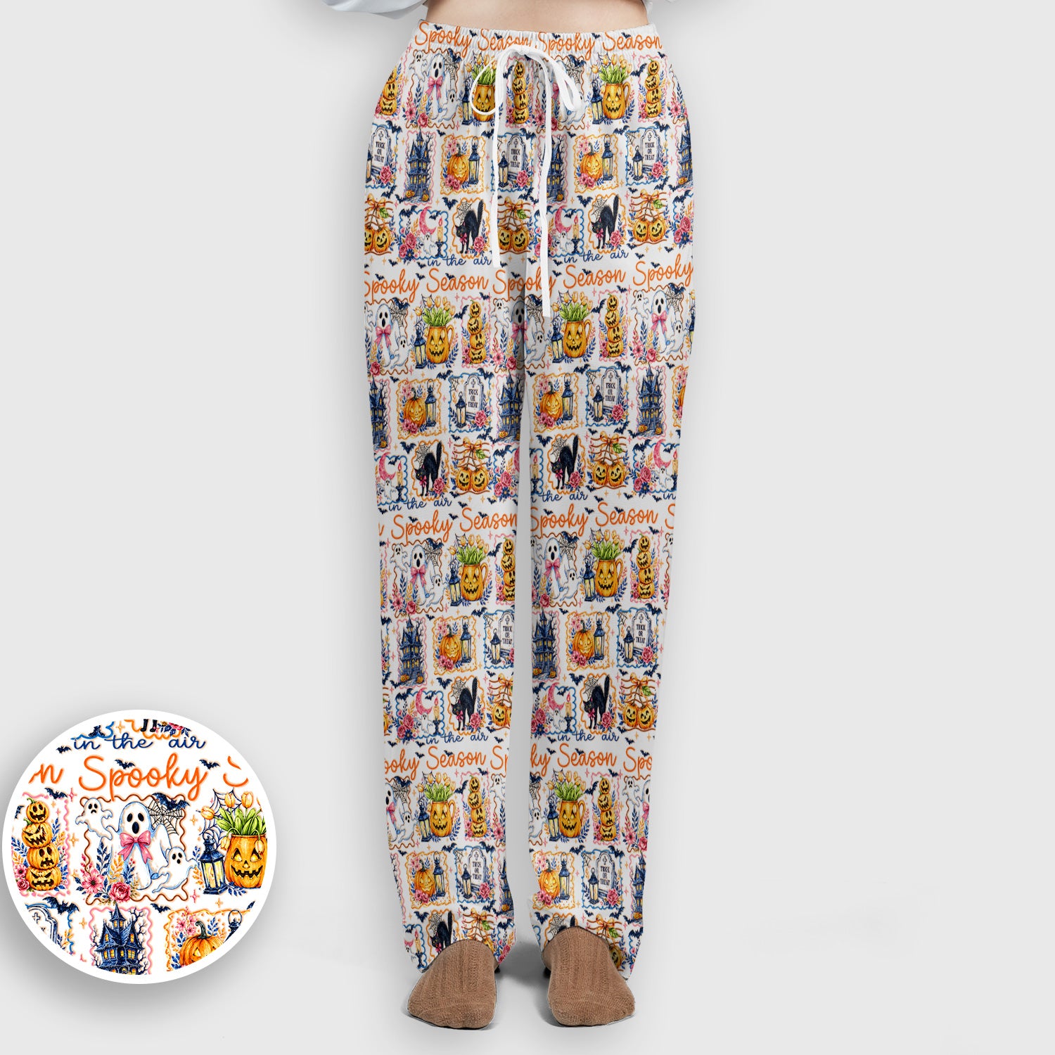 Spooky Halloween Pumpkin Ghost Pattern Scrub Set, Scrub Pants and V Neck Top